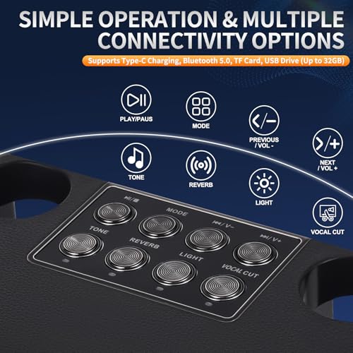 Black Portable Bluetooth Karaoke Machine with 6 Sound Effects and 4 Party Lights D638
