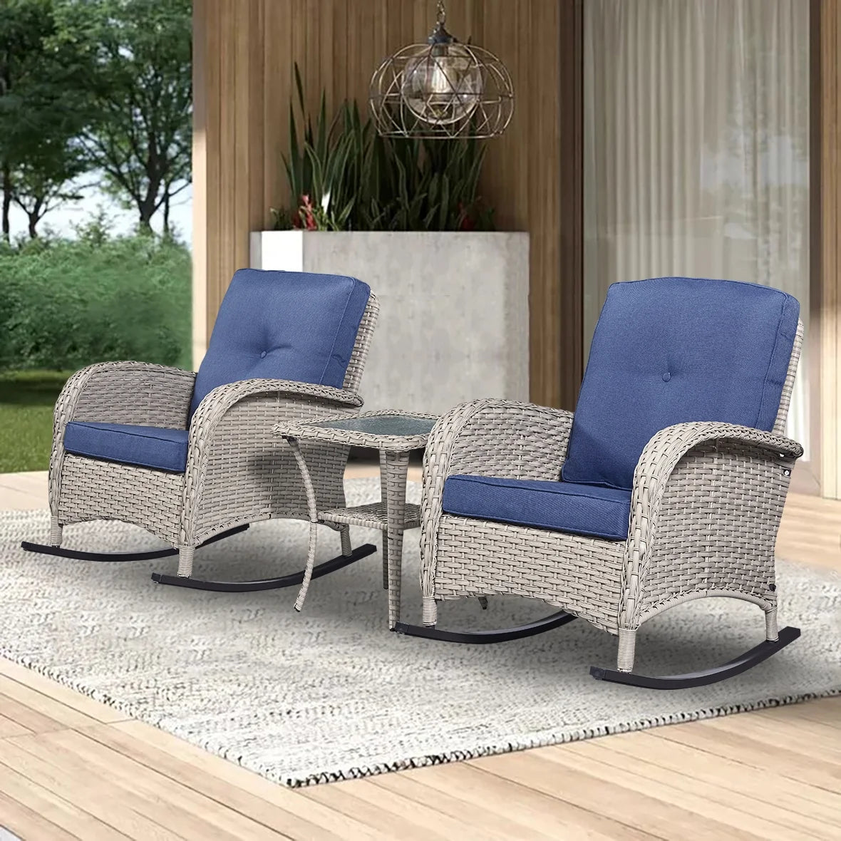 3-Piece Wicker Rocking Chair with Side Table and Cushions S403