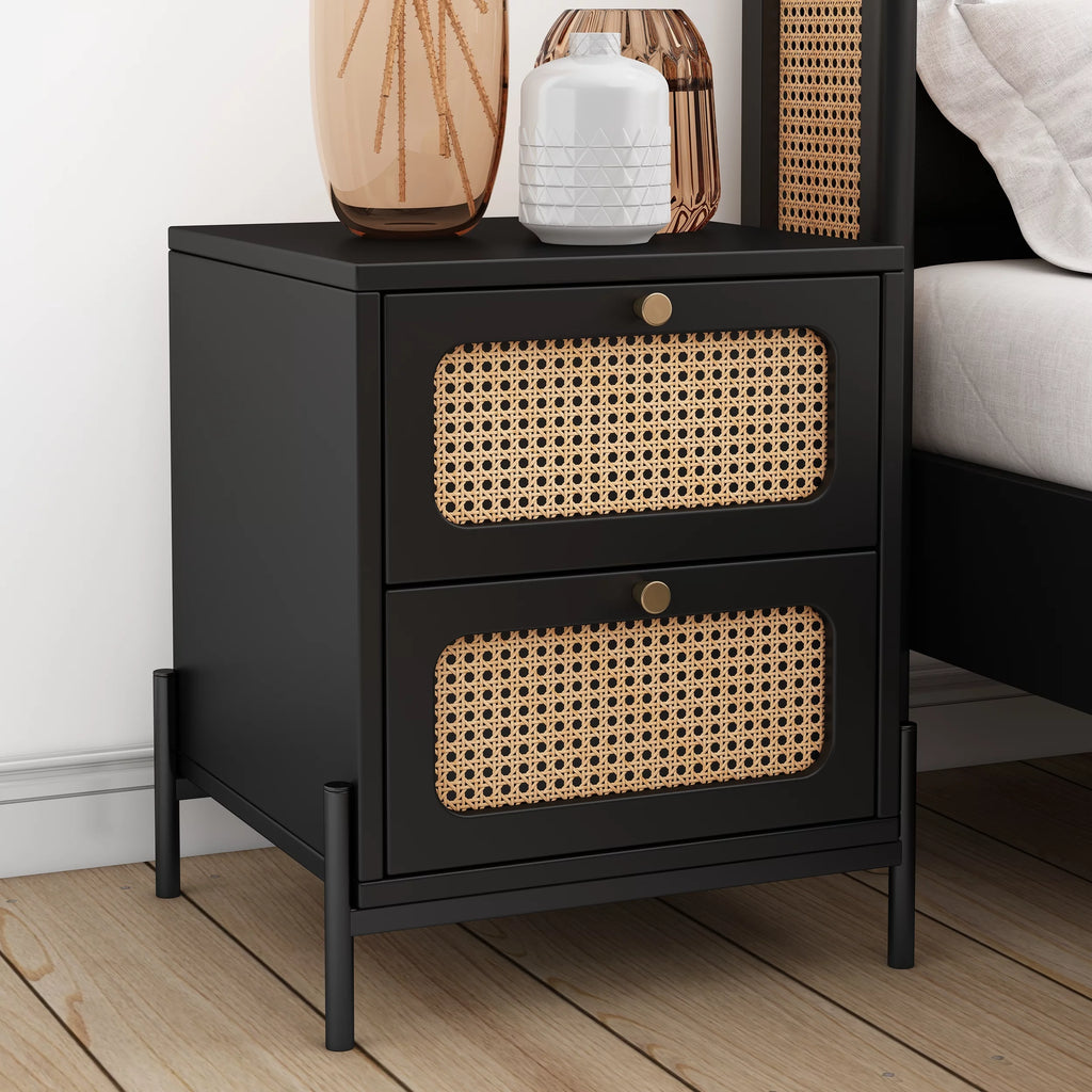 Walnut 2-Drawer Rattan Wood Side Table N368