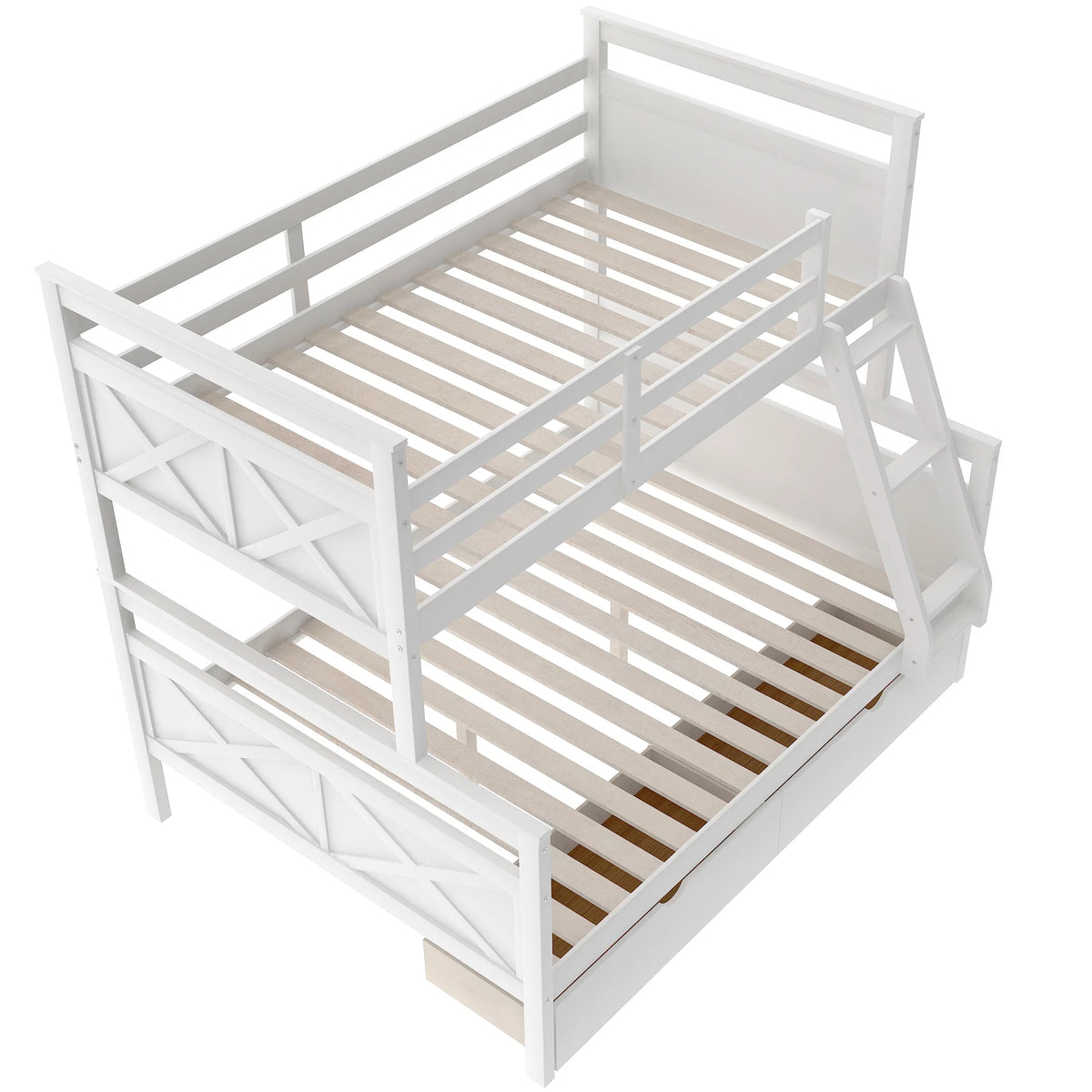 White Wood Twin over Full Bunk Bed with Trundle H55361