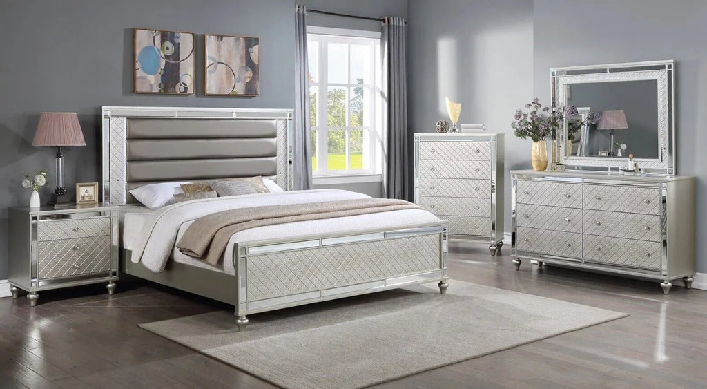 5pc Queen Size Upholstery LED Bed Dresser Mirror Nightstand Wooden Furniture Set L689280