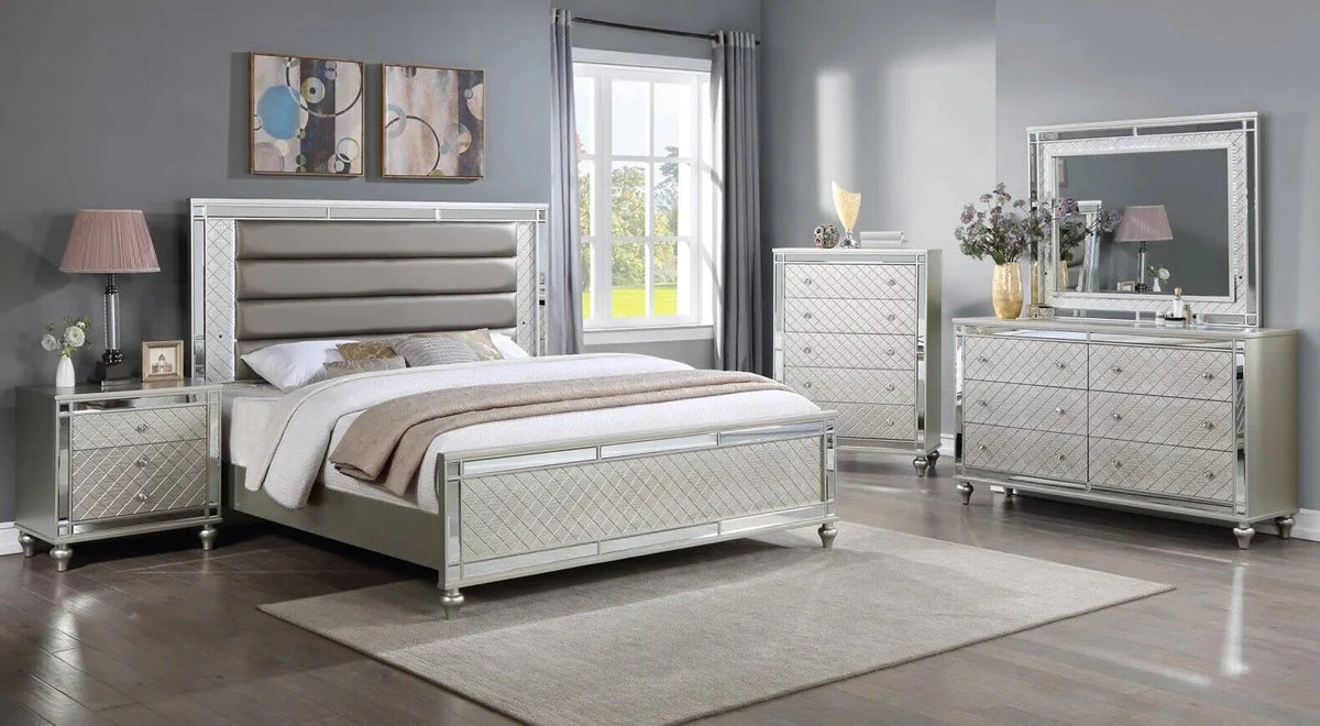 5pc Queen Size Upholstery LED Bed Dresser Mirror Nightstand Wooden Furniture Set L689280