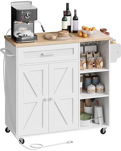 Black and Rustic Brown Rolling Kitchen Island Trolley with Power Outlet H30737