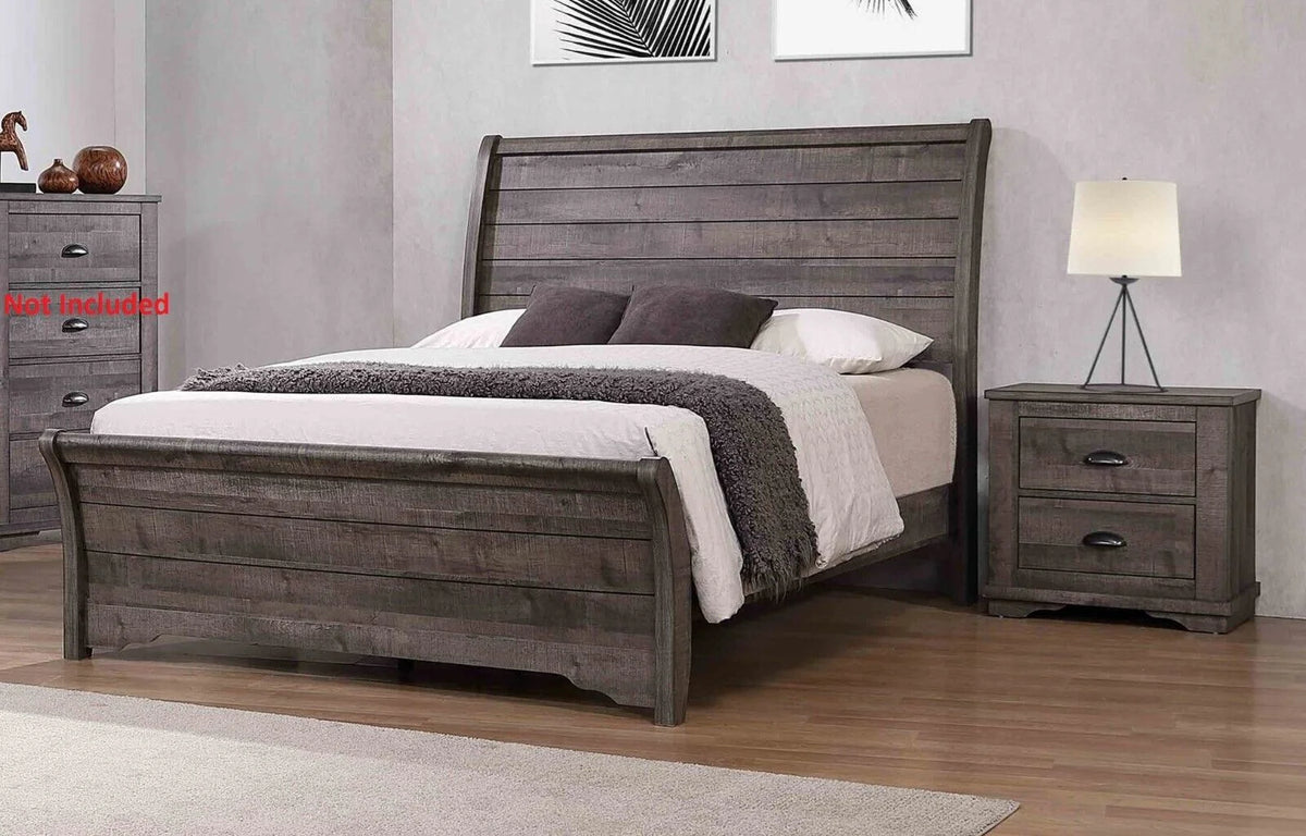 King Size Bed and 2 Nightstand Set Wooden Furniture Gray Finish J789