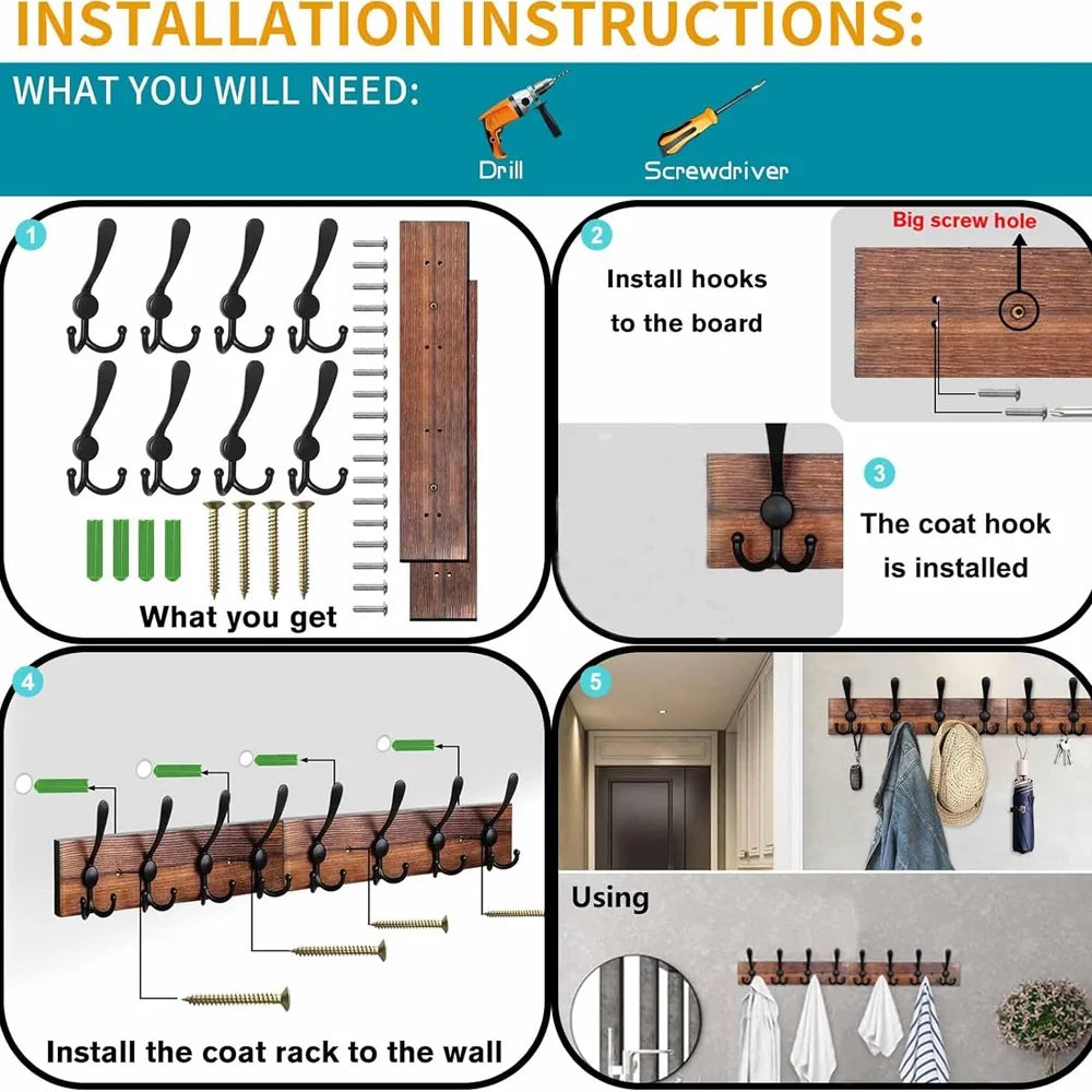 Wall Mounted Coat Rack 31.5'' Wooden Burnt Brown with 8 Black Hooks L275