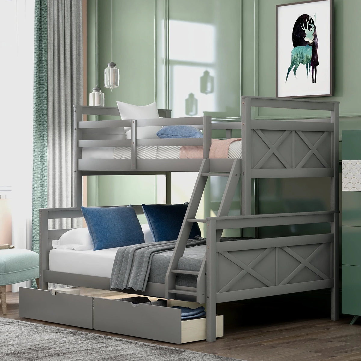 White Wood Twin over Full Bunk Bed with Trundle H55361