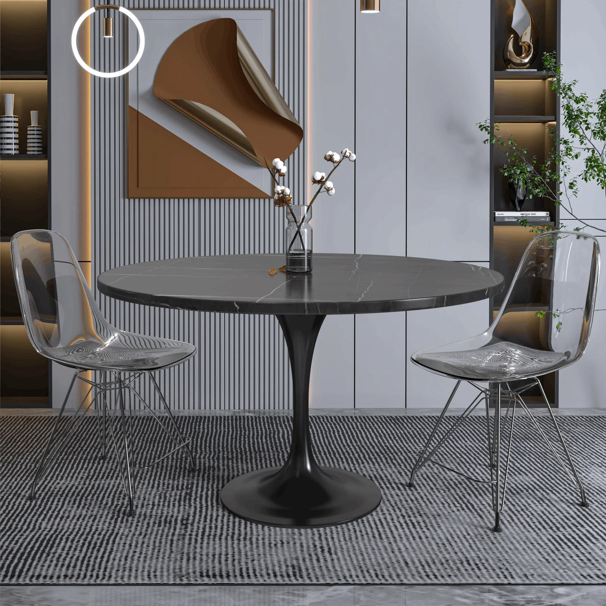 48" Round Stone Top Dining Table with Black Stainless Steel Pedestal Base C192769