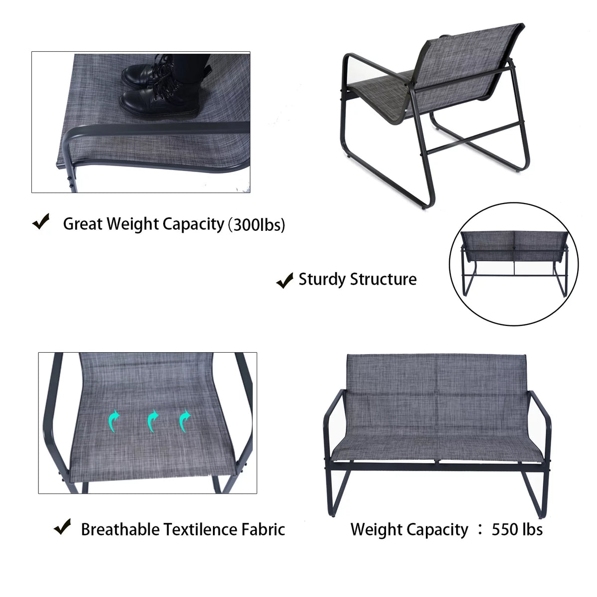 Outdoor Metal Conversation Set with Love Seat, 2 Chairs and Table S220