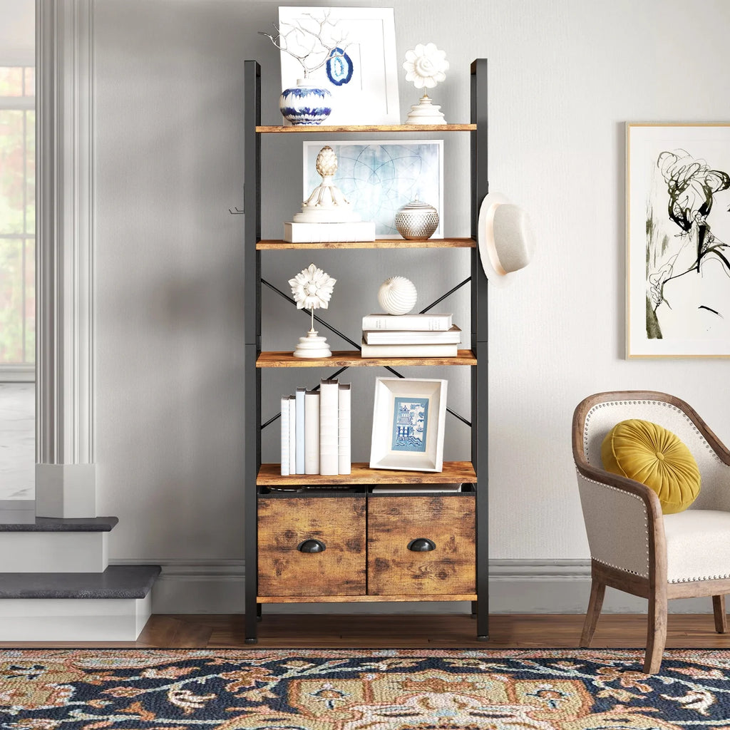 5 Shelf 2 Drawer Rustic Brown Bookcase M440627