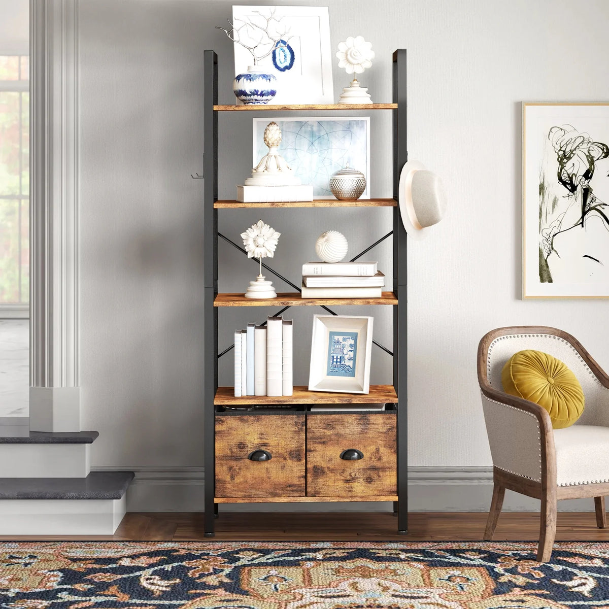 5 Shelf 2 Drawer Rustic Brown Bookcase M440627