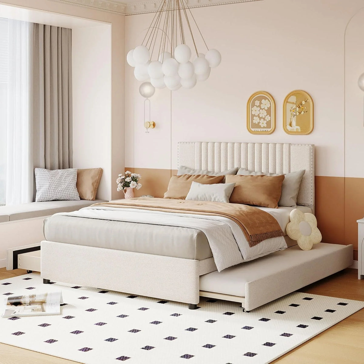 Beige Full Size Upholstered Platform Bed with 2 Drawers O193483