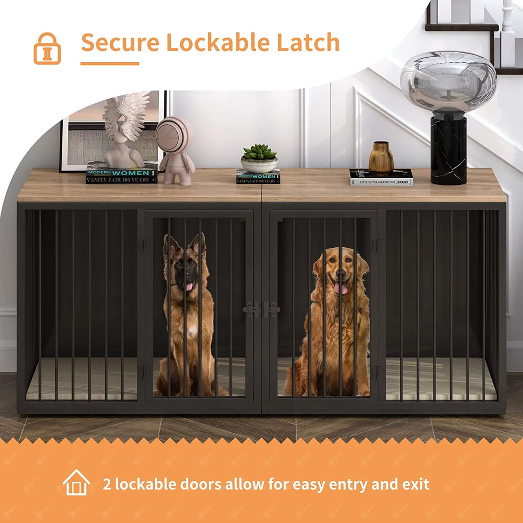 Black Large 2 Dog Steel Frame Wooden Top Crate Furniture S9433