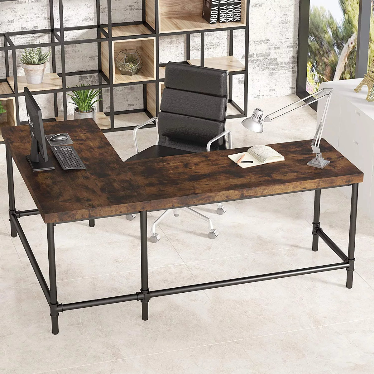 67 inch L-Shaped Corner Computer Desk with Metal Pipe Legs W431
