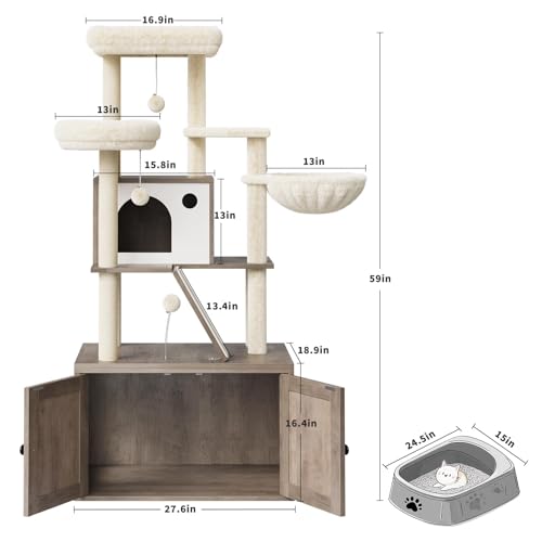 59 Inch 2-in-1 Cat Tree Scratching Post Condo Litter Box Enclosure Grey White Q51624