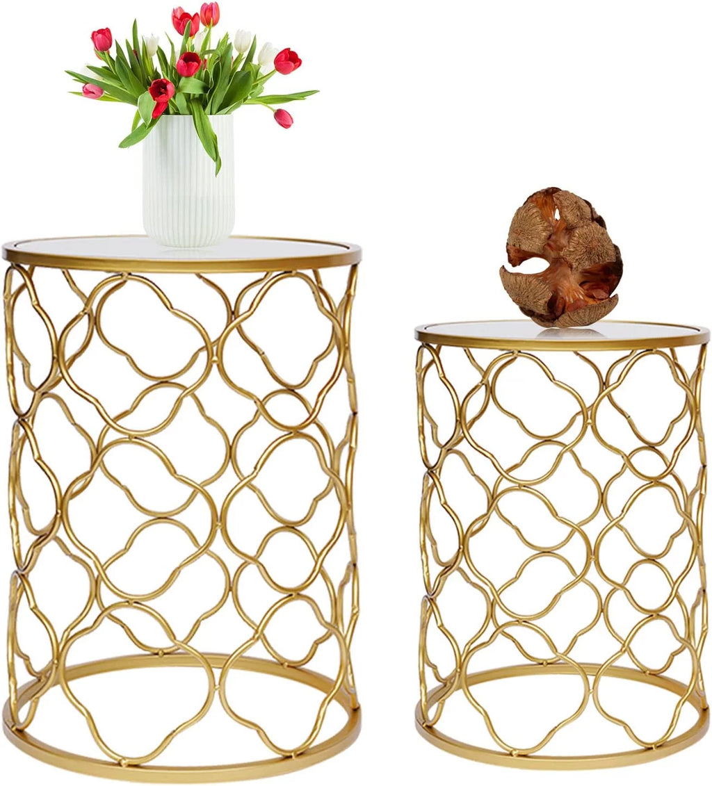 Round Gold Metal Nesting Side Table with Mirrored Top V74780