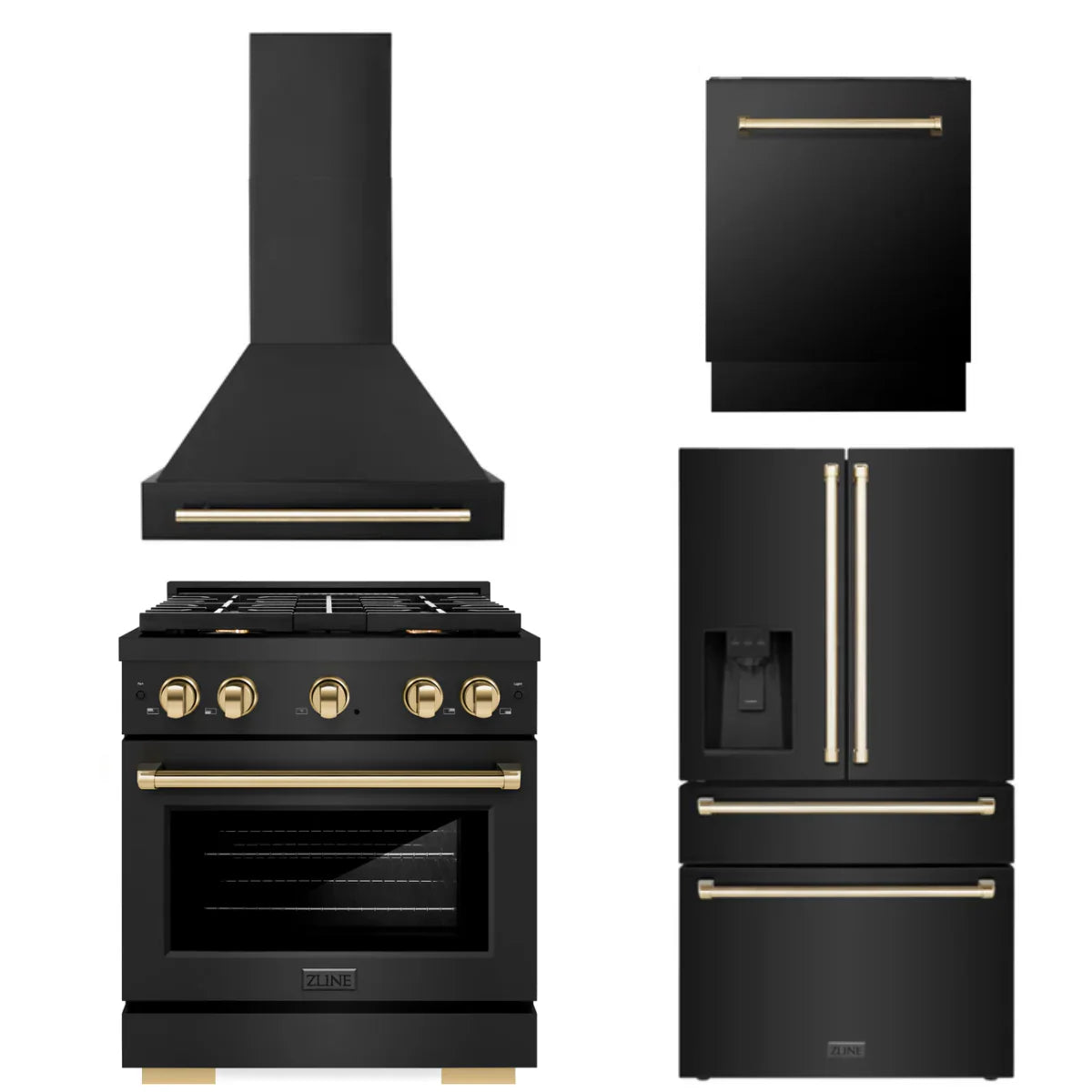 30 In. Gas Range, Range Hood, Refrigerator with Water and Ice Dispenser, and Dishwasher in Black Stainless Steel C681