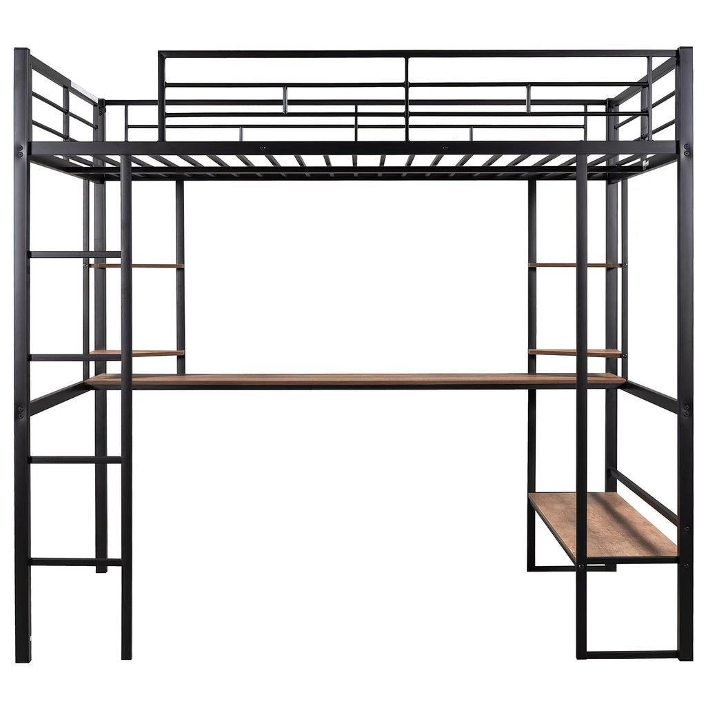 Black Full Metal Loft Bed with Desk and Shelves B7038