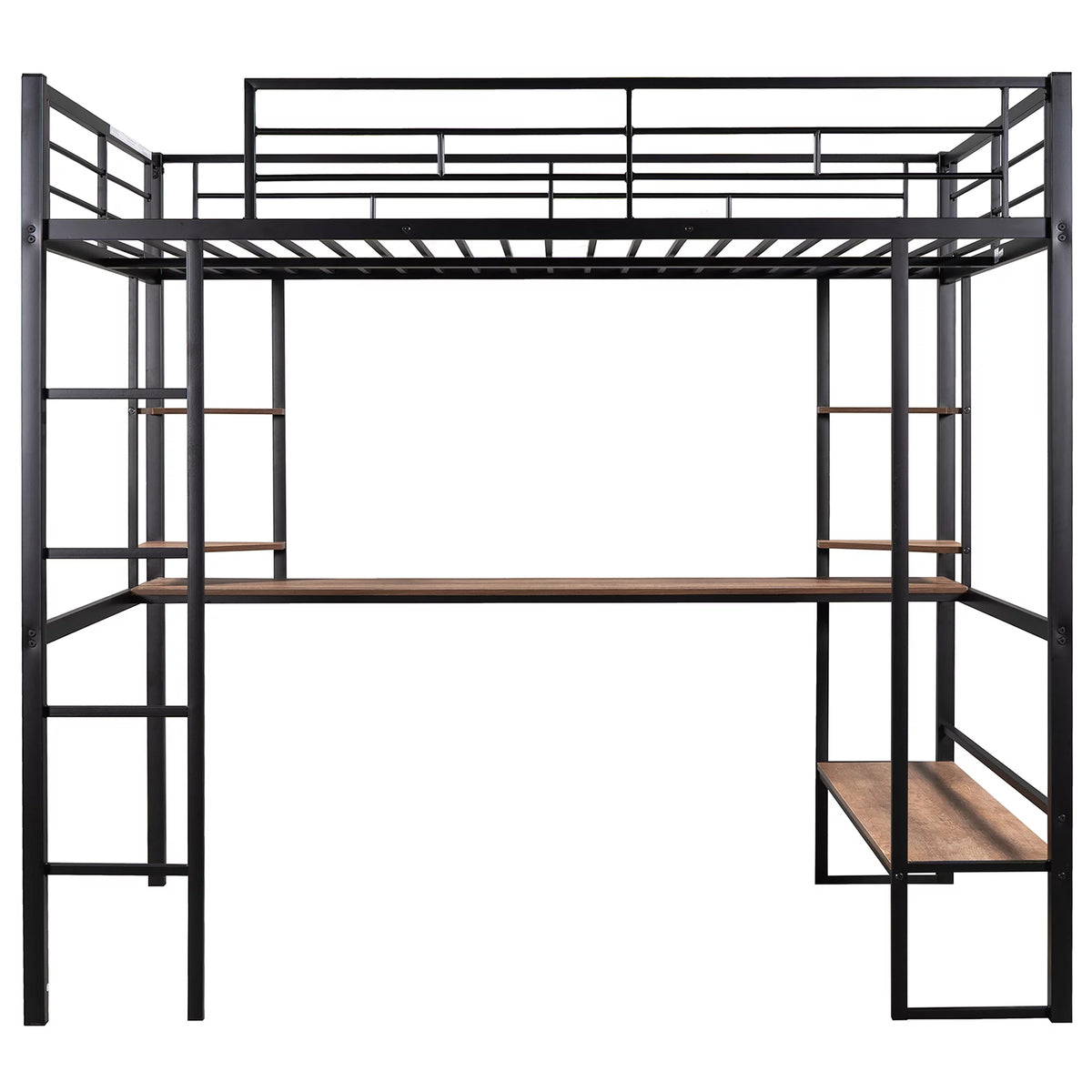 Black Full Metal Loft Bed with Desk and Shelves B7038