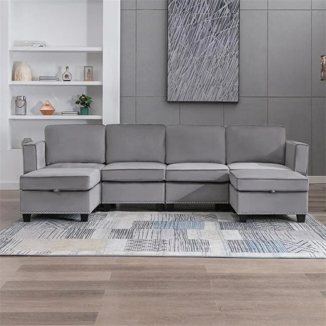 Beige 6 Seater Sectional Sofa with Storage S136