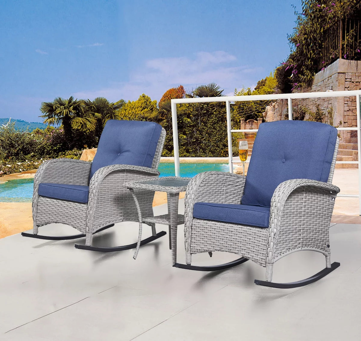 3-Piece Wicker Rocking Chair with Side Table and Cushions S403