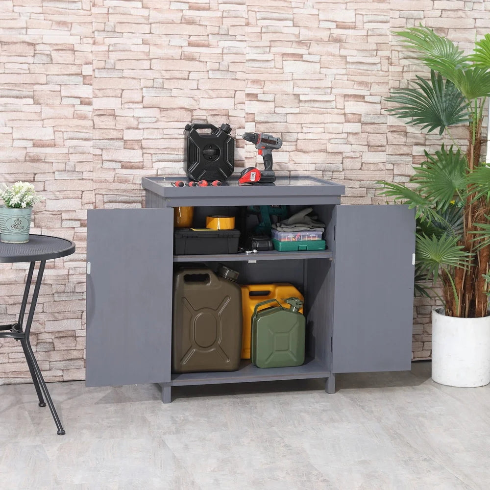 Grey Garden Storage Cabinet with Galvanized Top and Two Shelves U6691