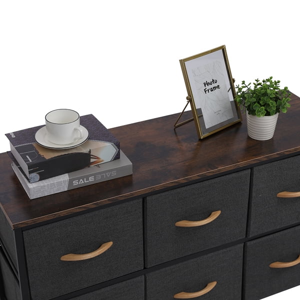 Gray 6 Drawer Fabric Dresser with Wooden Tabletop C1064