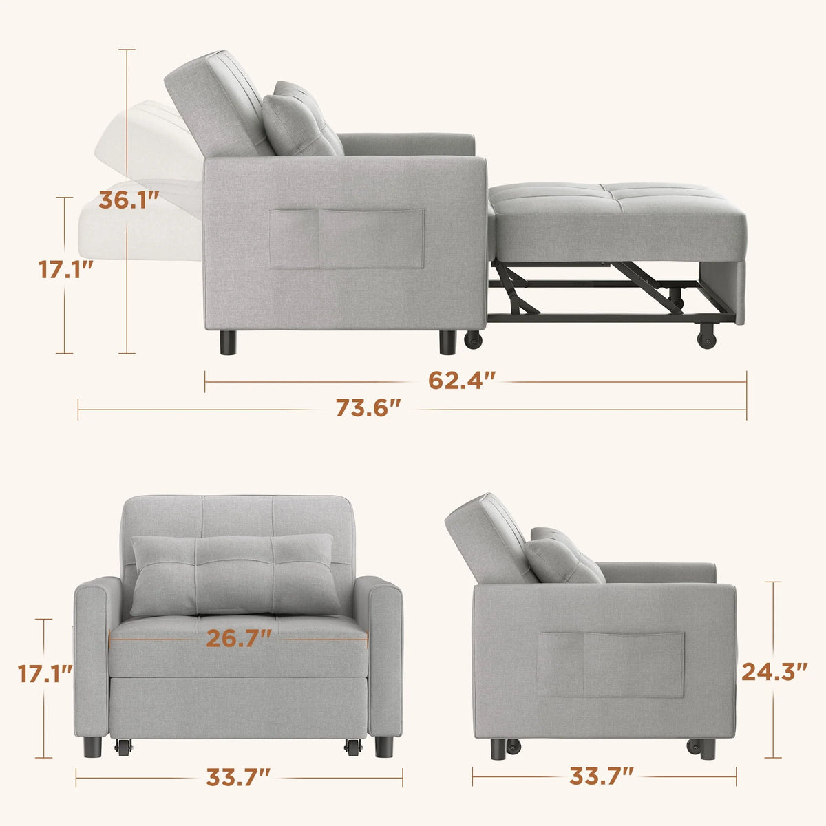 Light Gray Convertible Sofa Bed T2814