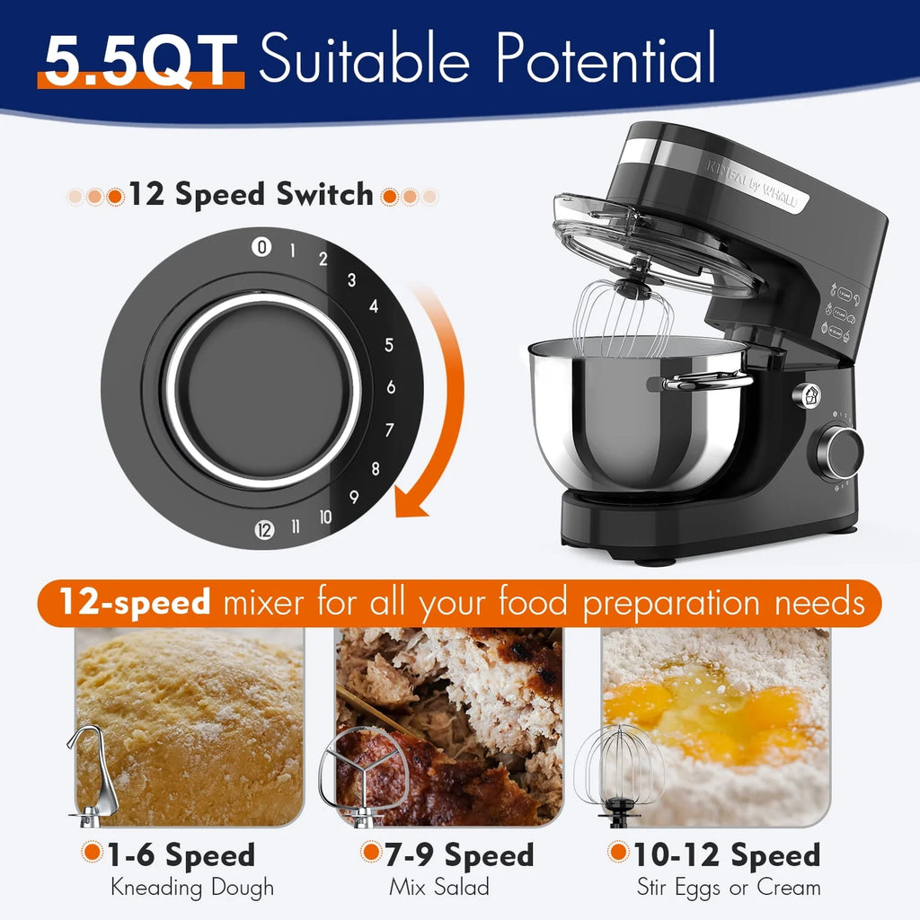 5.5Qt 12-Speed Tilt-Head Electric Stand Mixer with Stainless Steel Bowl E197
