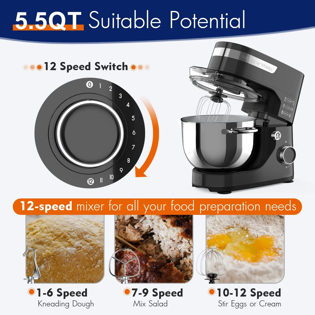 5.5Qt 12-Speed Tilt-Head Electric Stand Mixer with Stainless Steel Bowl E197