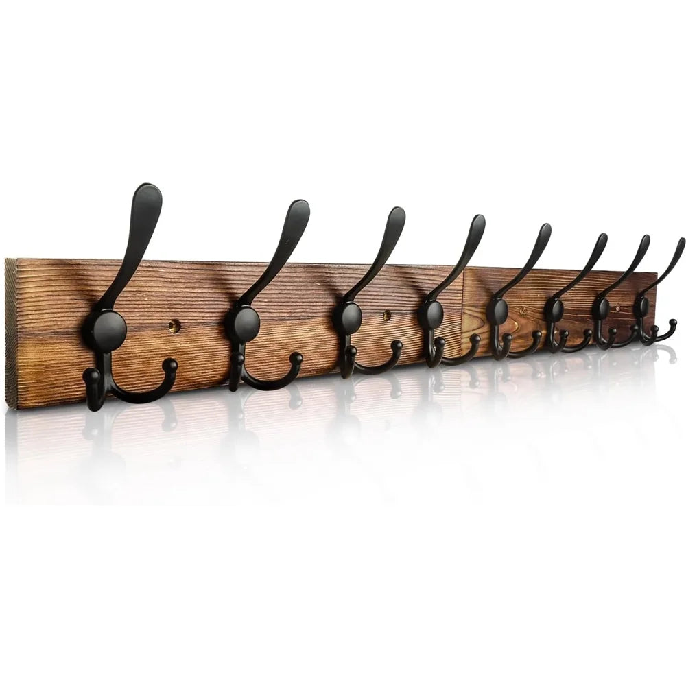 Wall Mounted Coat Rack 31.5'' Wooden Burnt Brown with 8 Black Hooks L275