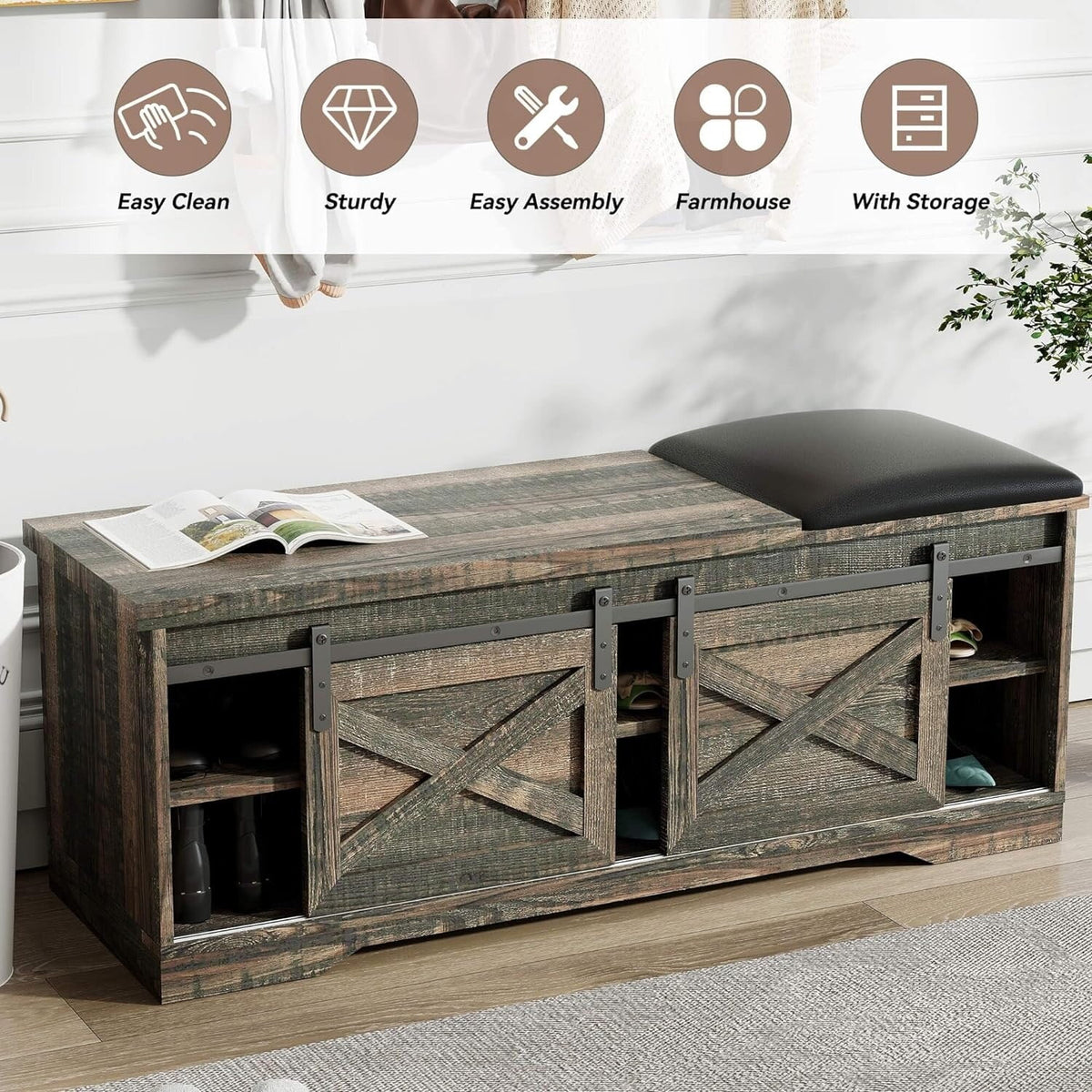 47 inch 2-Tier Shoe Storage Bench with Sliding Barn Door L88142