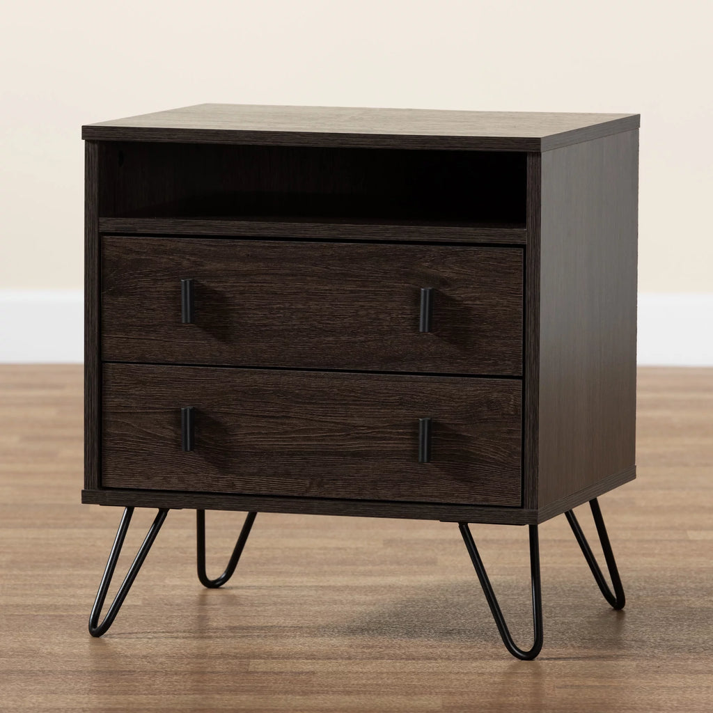 Dark Brown Wood and Black Metal 2-Drawer Nightstand B57977