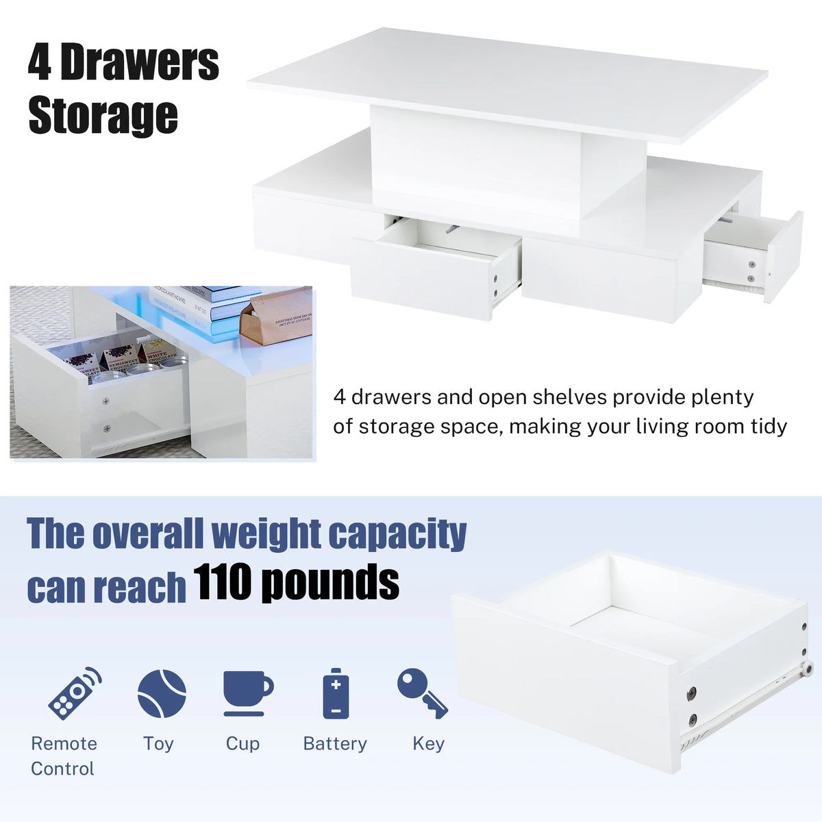 White LED Coffee Table with 4 Drawers U5705