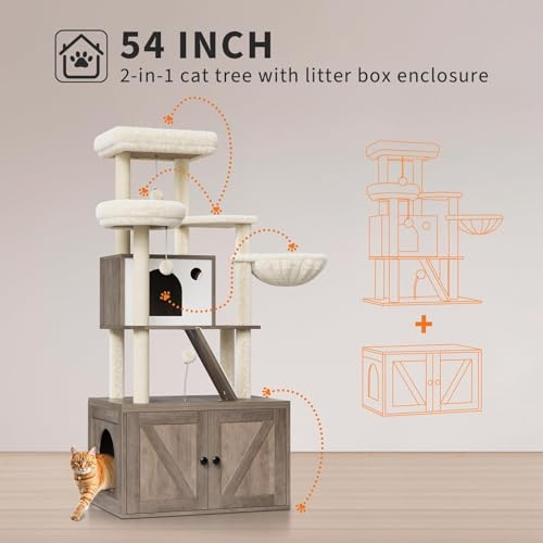 59 Inch 2-in-1 Cat Tree Scratching Post Condo Litter Box Enclosure Grey White Q51624
