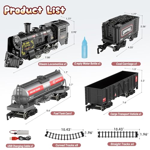 Metal Alloy Electric Train Set with Steam Locomotive, Cargo Cars & Tracks M60474