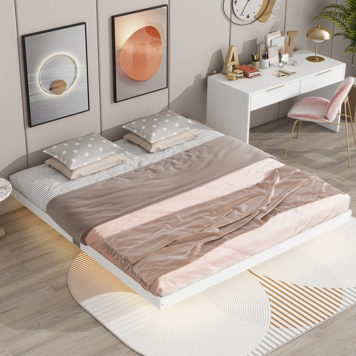 Full Size Grey Pinewood Floating Platform Bed with LED Lights R53572