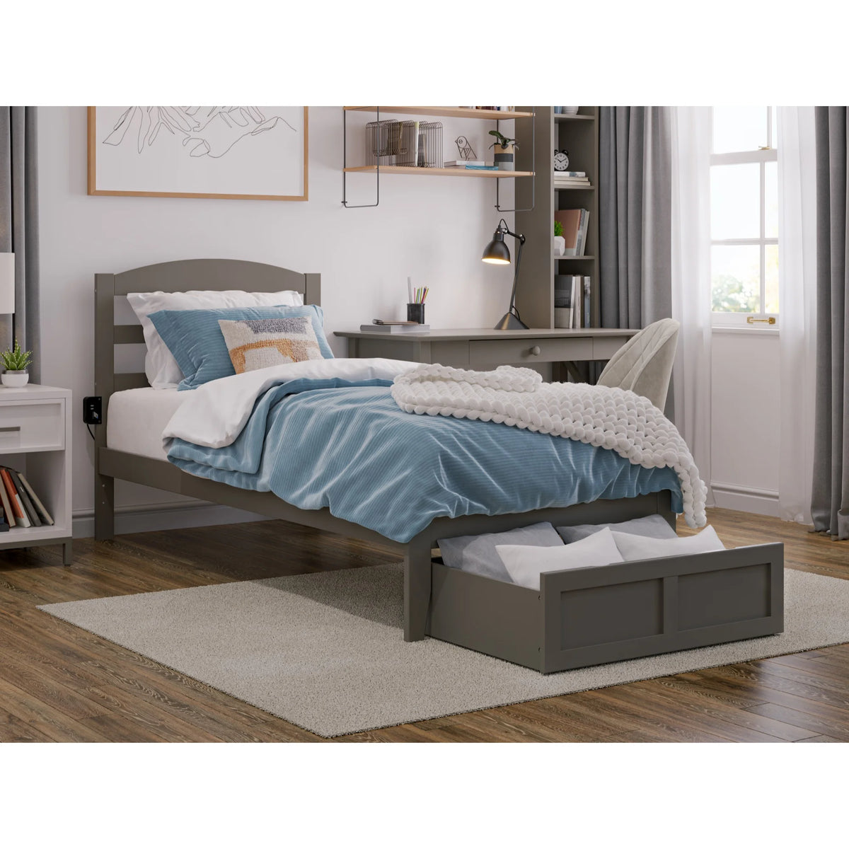 Solid Wood Traditional Twin Bed with Drawer in Gray U108