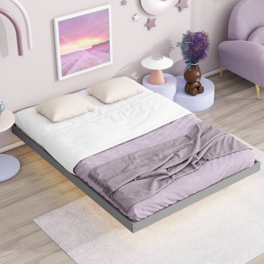 Full Size Grey Pinewood Floating Platform Bed with LED Lights R53572