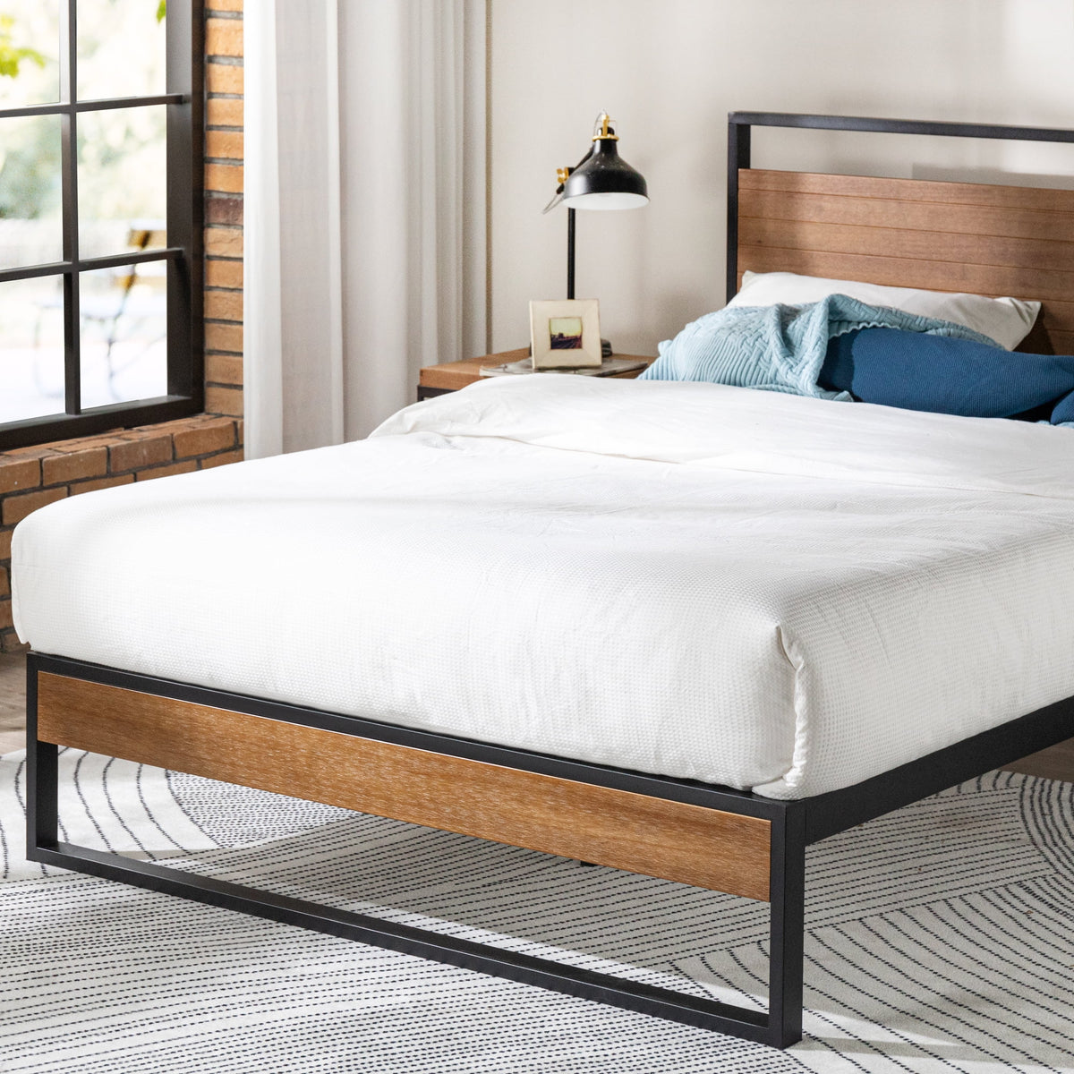 Metal and Wood Platform Bed Frame with Headboard, Chestnut Brown, Full Q3949