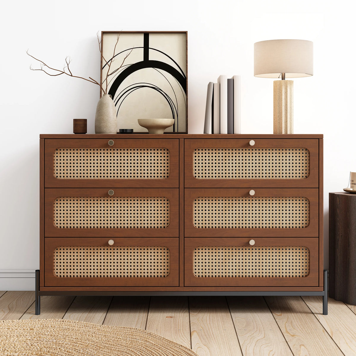 Walnut 2-Drawer Rattan Wood Side Table N368