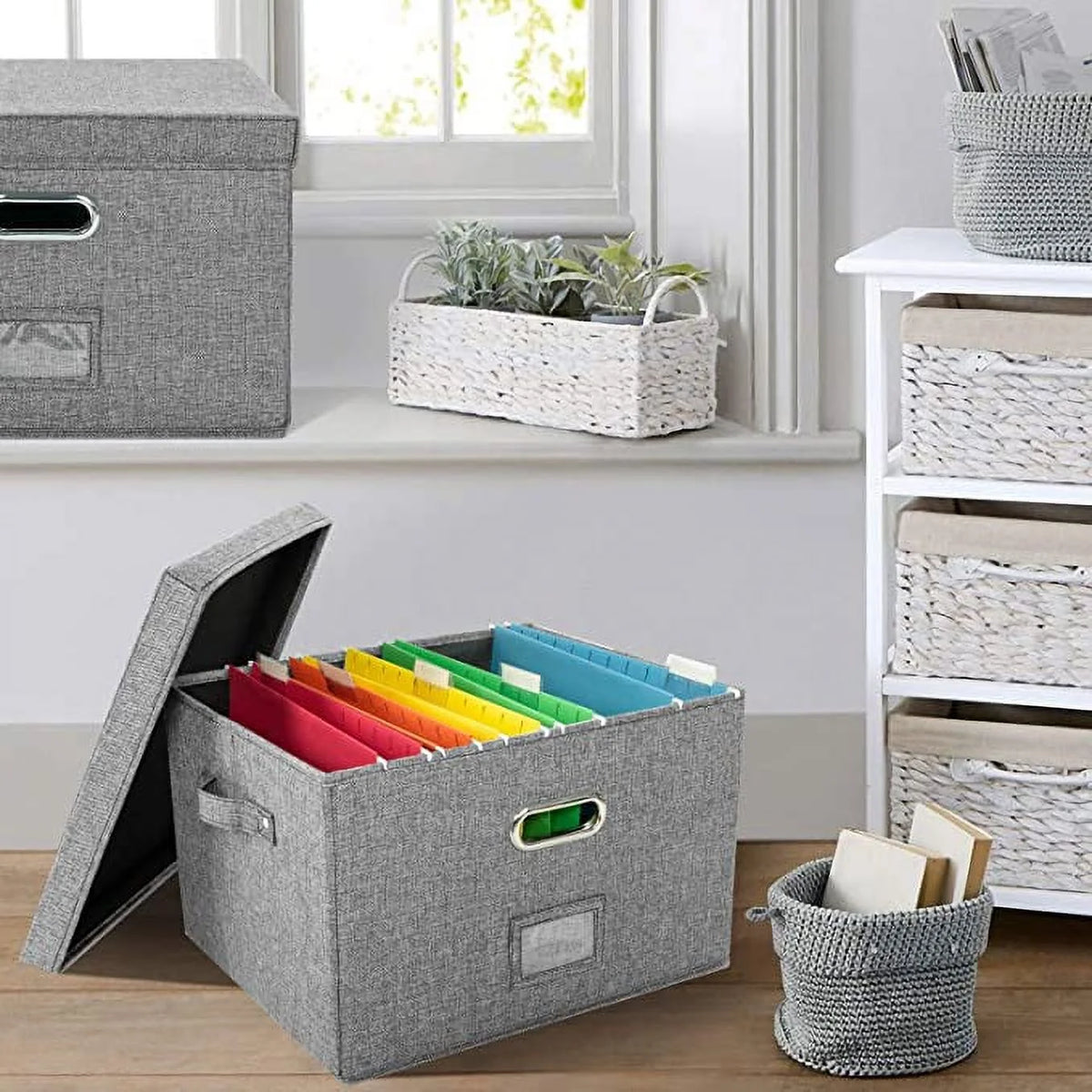 Collapsible Linen File Box with 5 Hanging Folders W32922