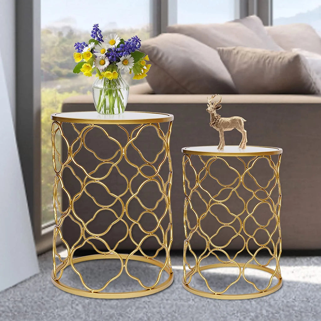 Round Gold Metal Nesting Side Table with Mirrored Top V74780