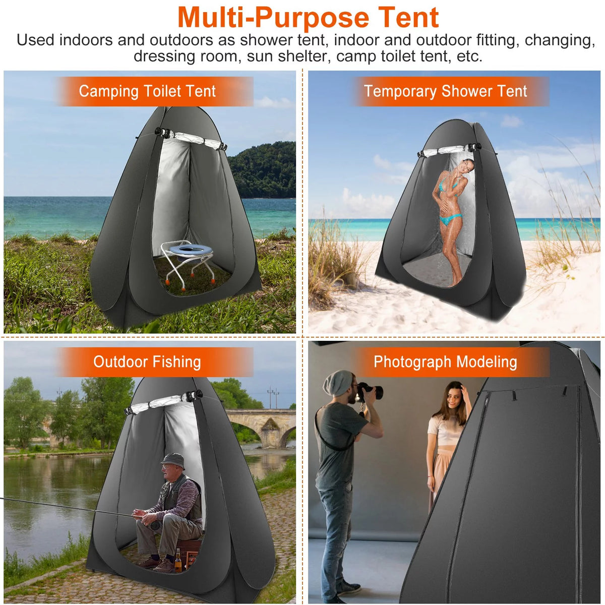 Pop up Privacy Tent 59x59x74.8in Portable Camping Shelter with Carry Bag Black J2314