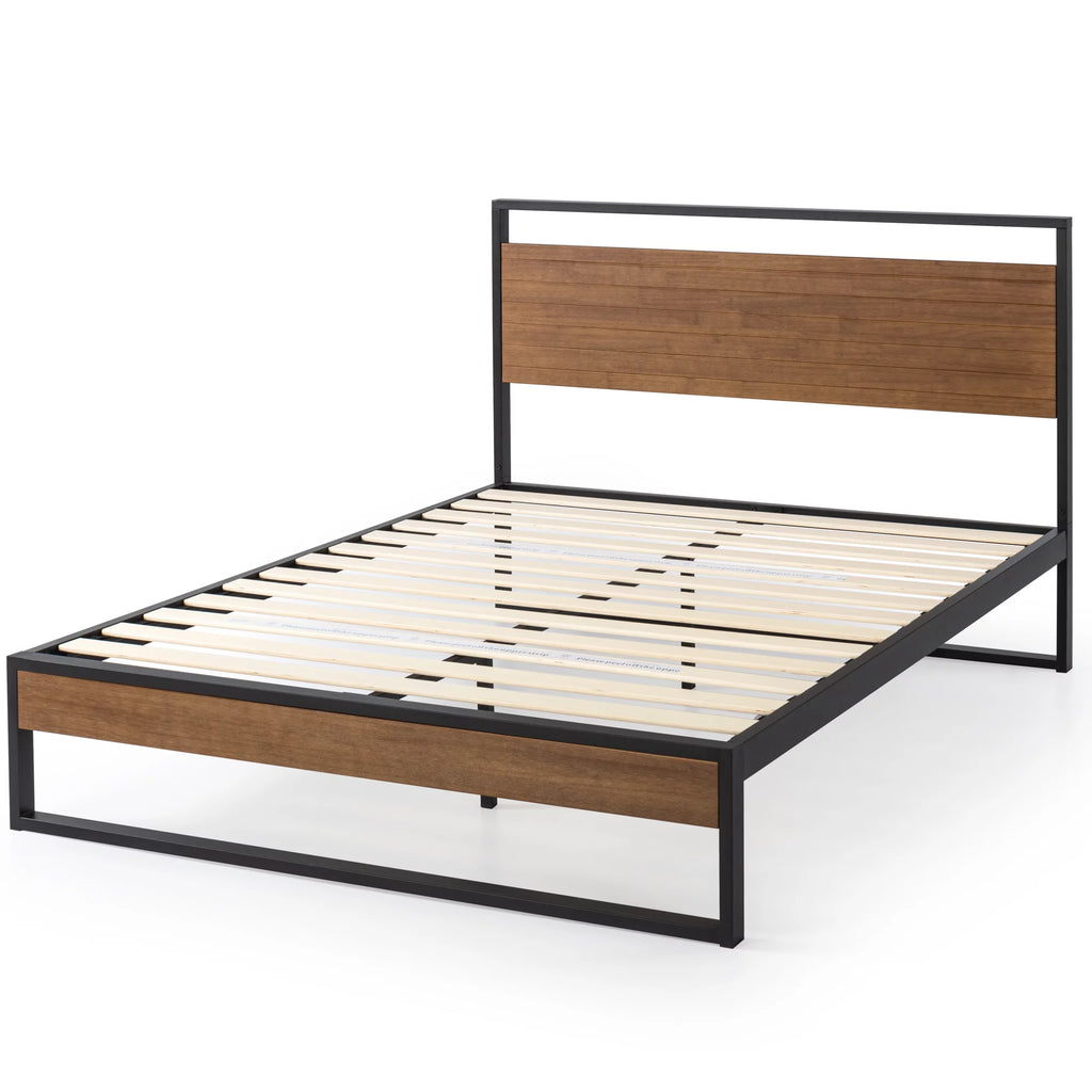 Metal and Wood Platform Bed Frame with Headboard, Chestnut Brown, Full Q3949