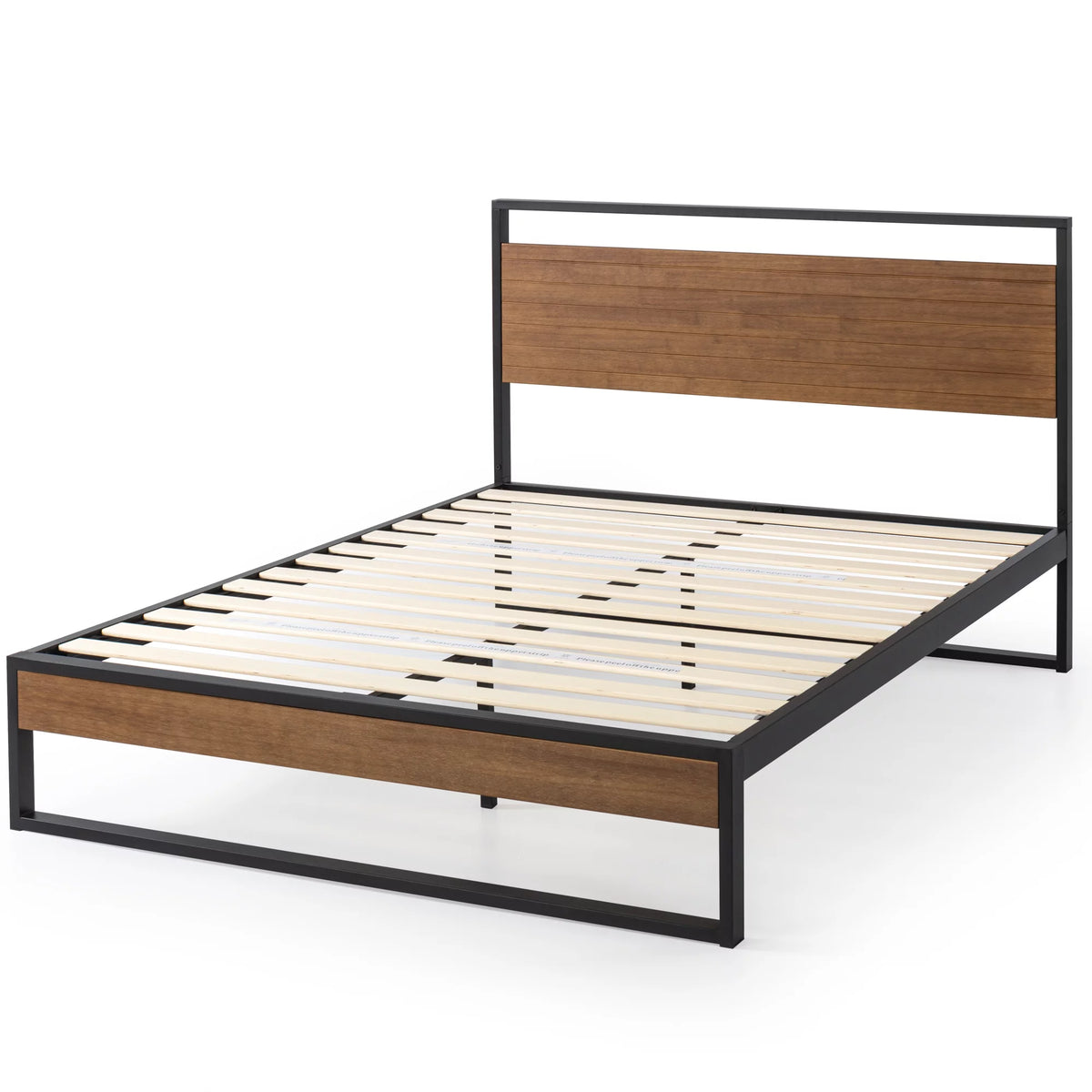 Metal and Wood Platform Bed Frame with Headboard, Chestnut Brown, Full Q3949