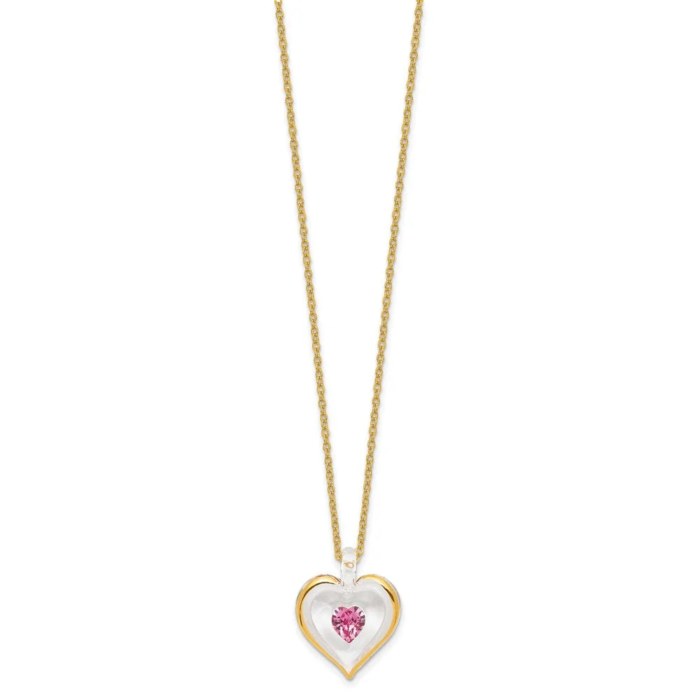 Glass with Pink October Birthstone Crystal Heart 18 inch Gold-tone Necklace L45955
