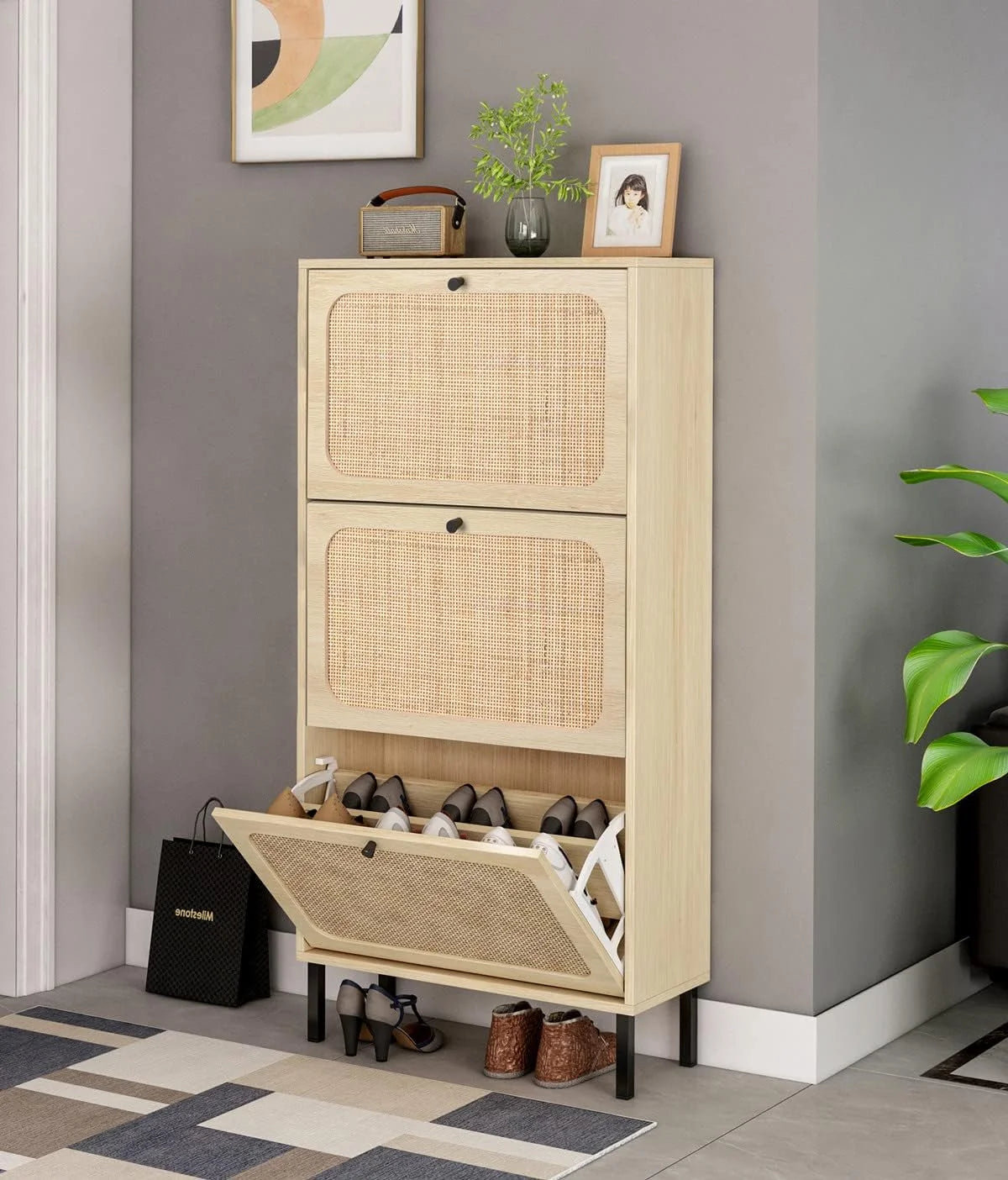 Rattan Shoe Cabinet with 3 Flip Drawers F56288