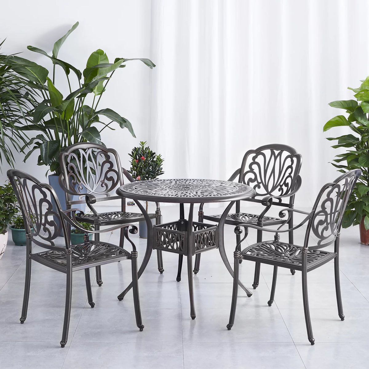 5 Pcs Cast Aluminum Outdoor Dining Table Set with Umbrella Hole L74991