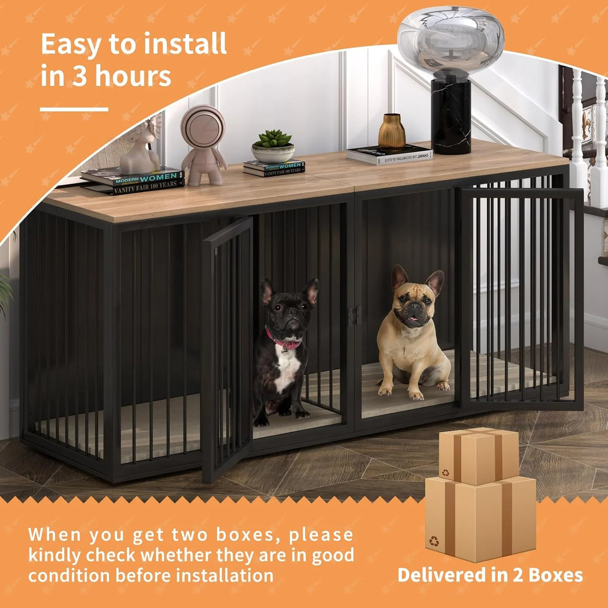 Black Large 2 Dog Steel Frame Wooden Top Crate Furniture S9433