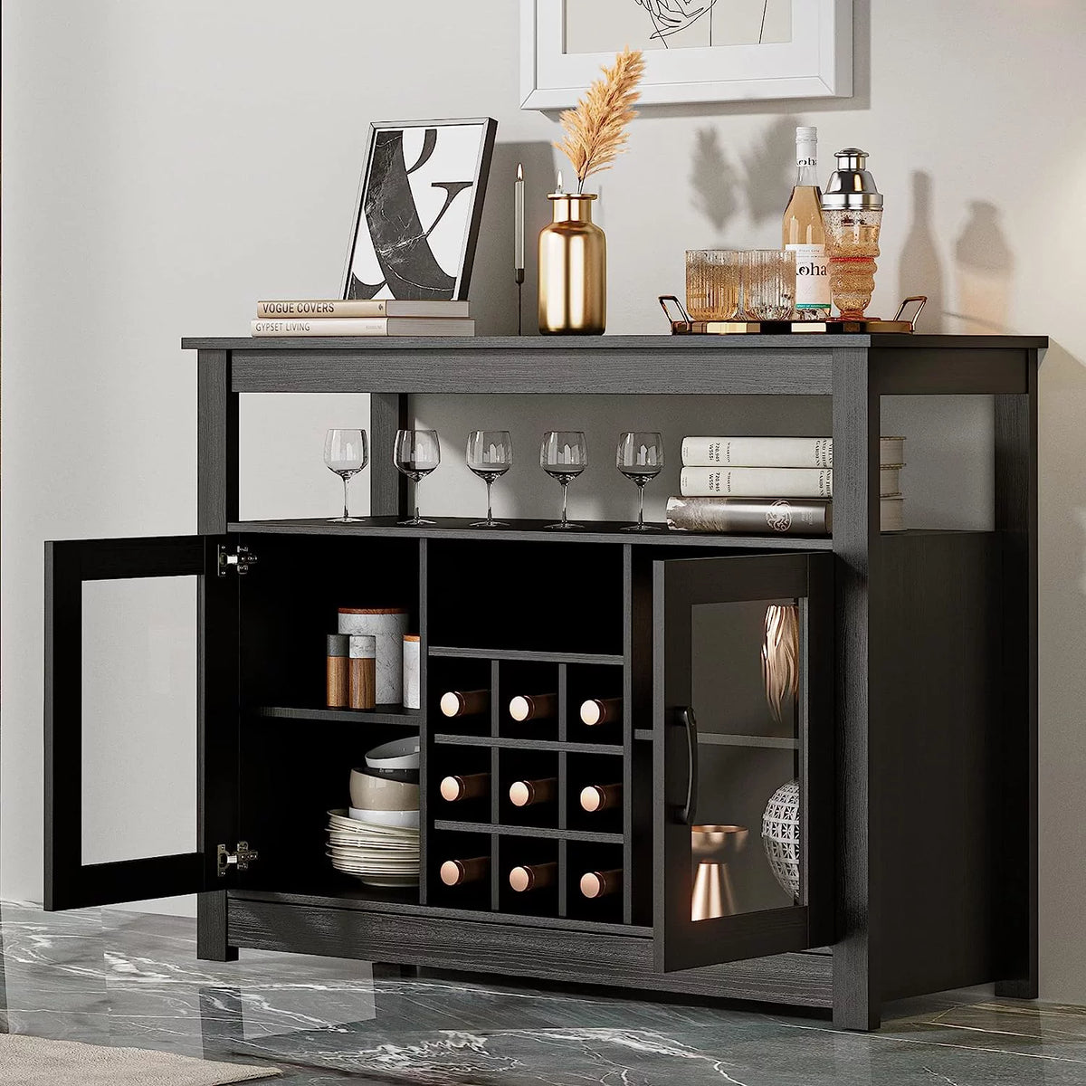 Black Freestanding Buffet Sideboard with Wine Rack N63824